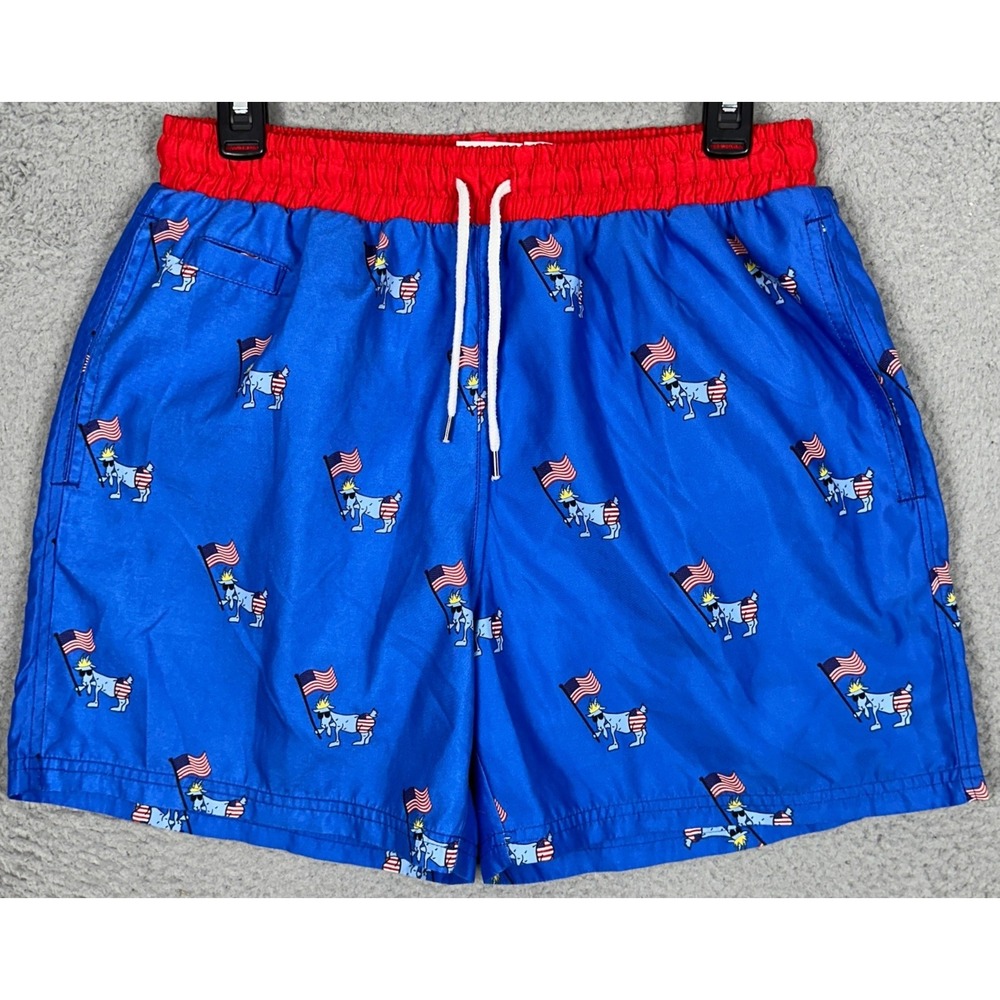 GOAT USA Swim Trunks Mens Medium Blue Mascot American Flag Patriotic Board Short
